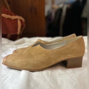 JENNY by ARA Camel Suede‎ Leather Block Heel Loafers Shoes 9.5